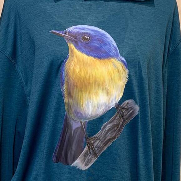 Upcycled Hand Printed Womens 2X Yellow Bluebird Ukraine Fundraiser Bird Tee - Picture 2 of 4